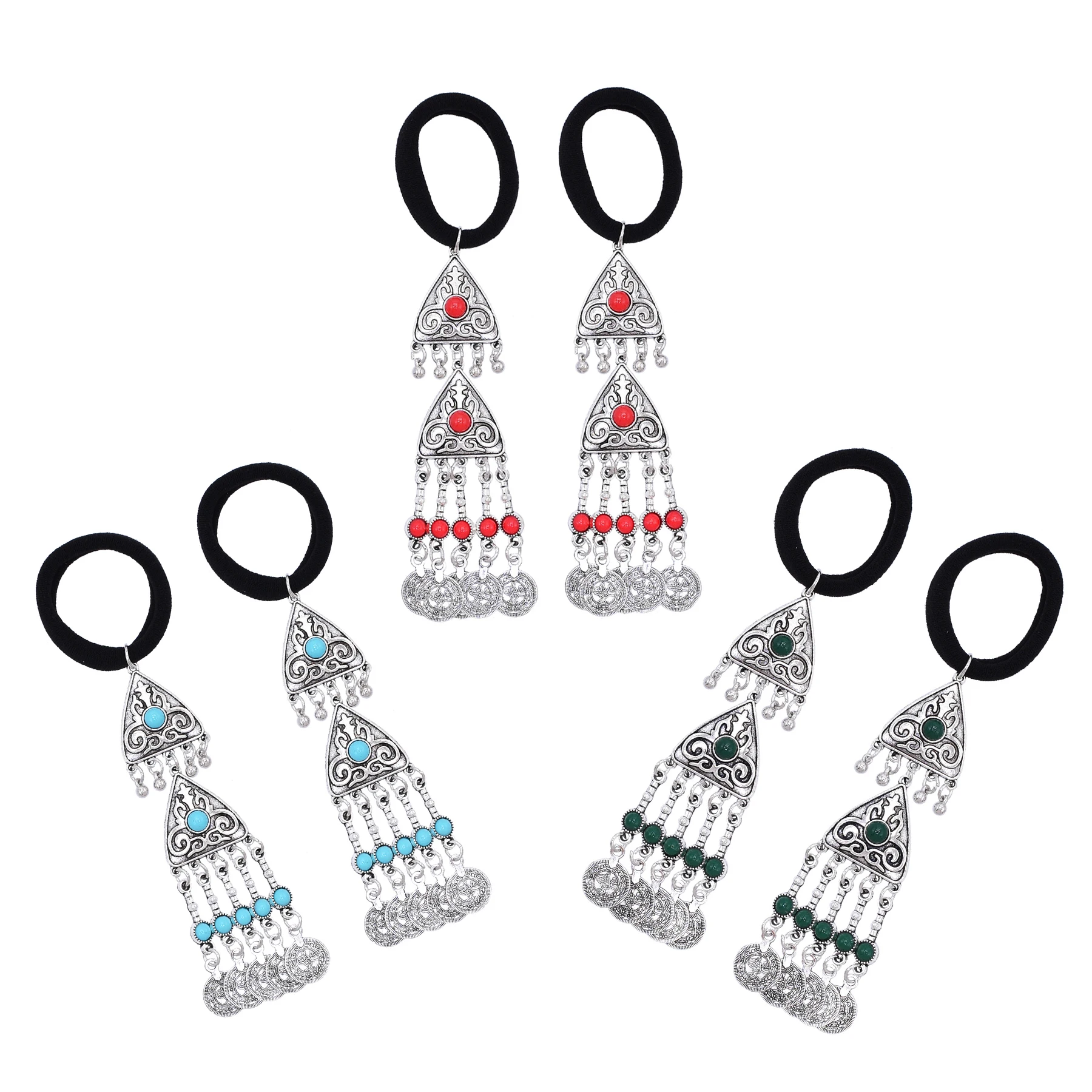 Retro Double Layer Triangular Coin Tassel Hair Rope Hair Accessories Traditional Kazakh Tibetan Ethnic Pigtail Headband Jewelry