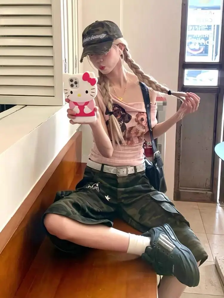 

Американская камуфляжная рабочая одежда в стиле ретро, женские джинсы на семь футов, прямые широкие брюки средней длины, летние универсальные брюки