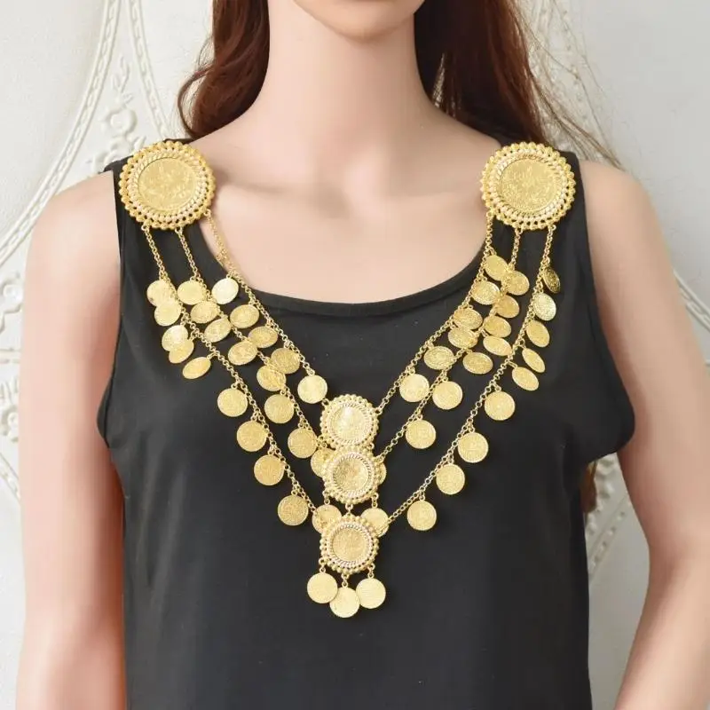 A52E Elegant Layered Alloy Shoulder Chain Featuring Coin Tassels for Trendsetters and Fashion Forward Women
