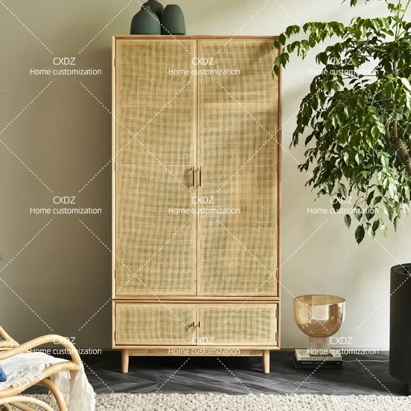 Nordic Sliding Door Wardrobe Simple Modern Solid Wood Rattan Storage Cabinet for Small Apartment Home Organization