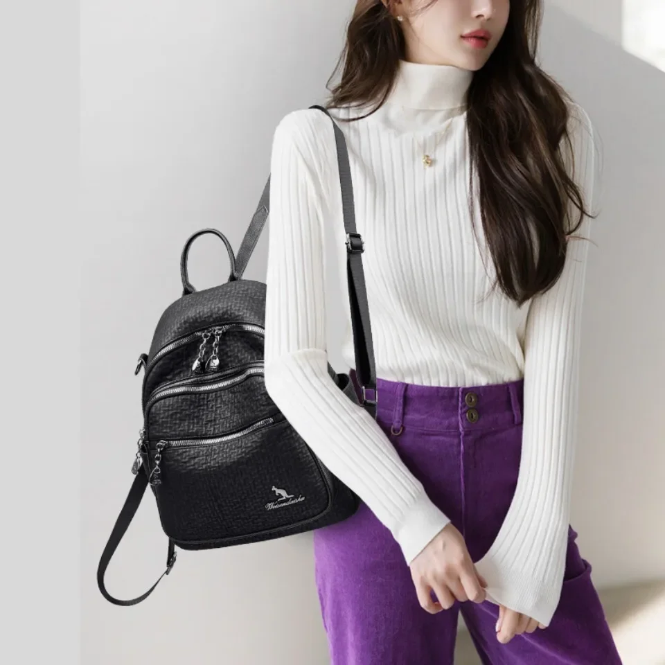 Fashion Women\'s Black Backpack Student School Bag Female Multi-functional Shoulder Bag Ladies Casual Travel Commuting Rucksack