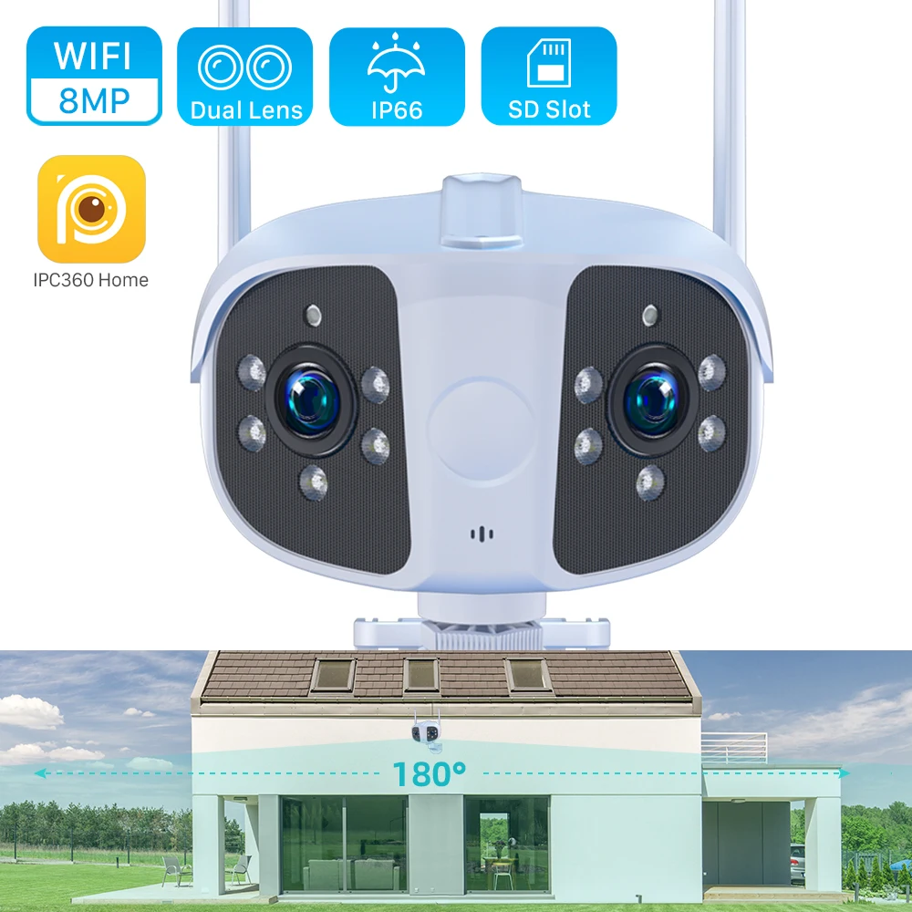 8MP 4K Dual Lens Ultra wide angle 180° Wifi IP Camera Outdoor 4MP Full Color Night Vision Ai Human Detect Security Surveillance