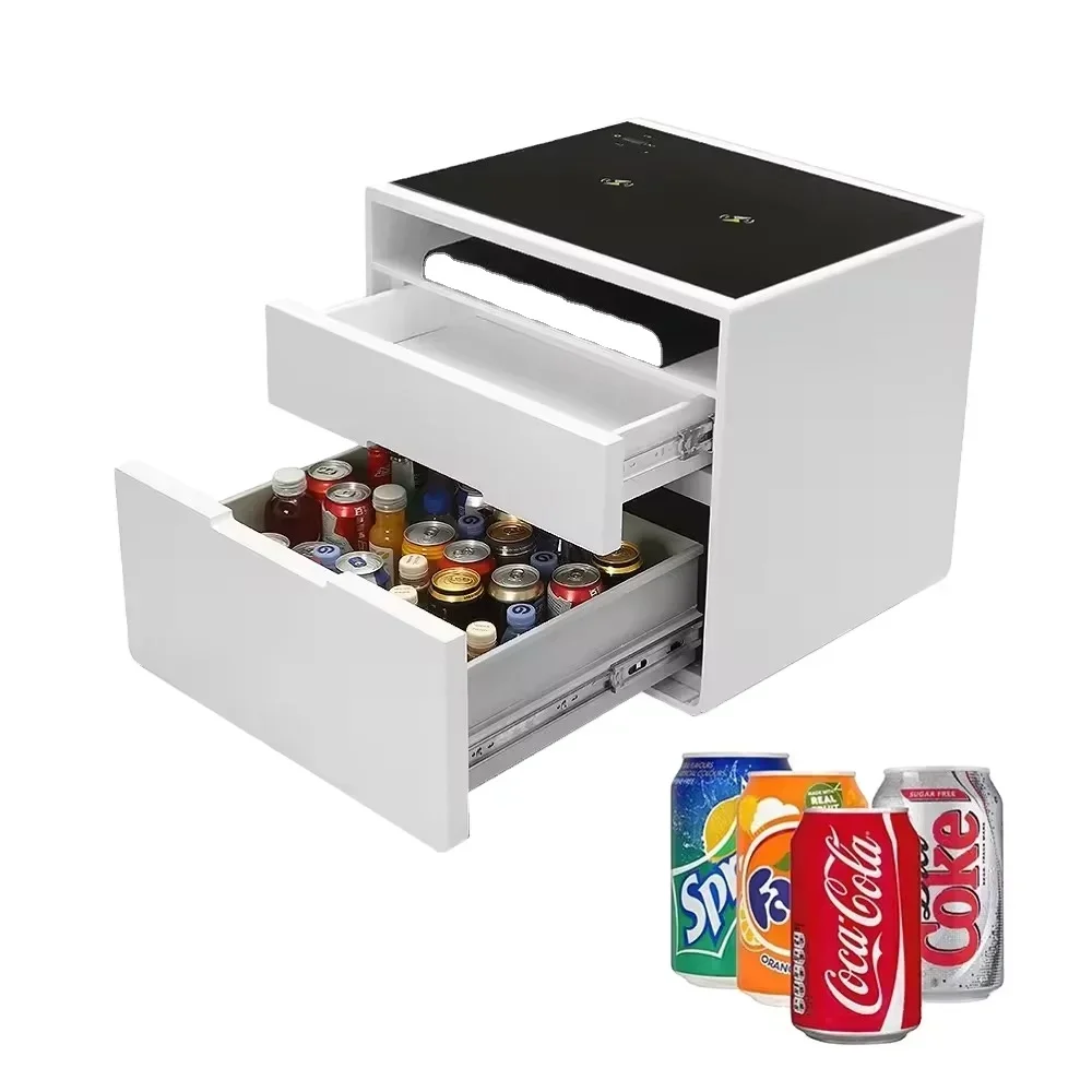 

Luxury Room Furniture Smart Bluetooth Two Drawers White Nightstand Mini Fridge Wireless Phone Charging Bedside Table