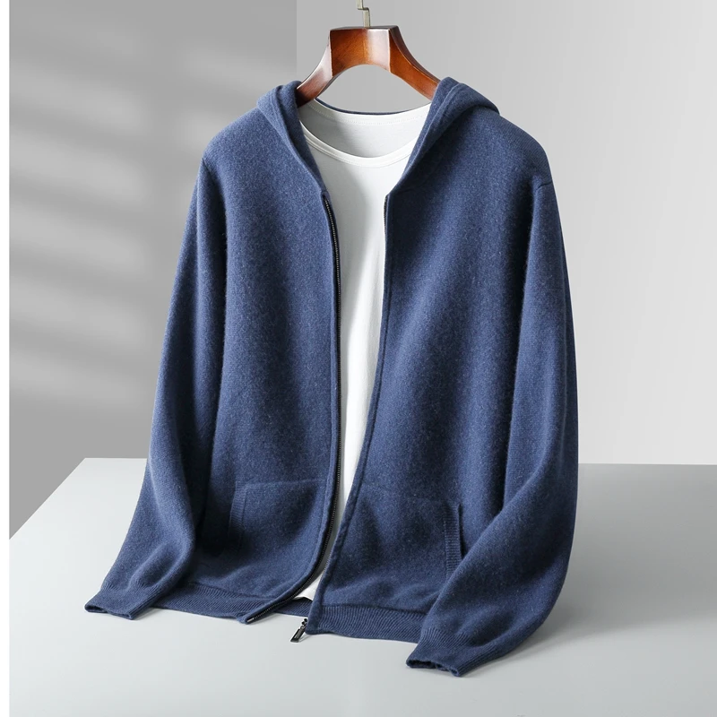 Autumn And Winter New 100% Pure Wool Men's Knitted Cardigan Hooded Cashmere Sweater Zipper Sweater Coat