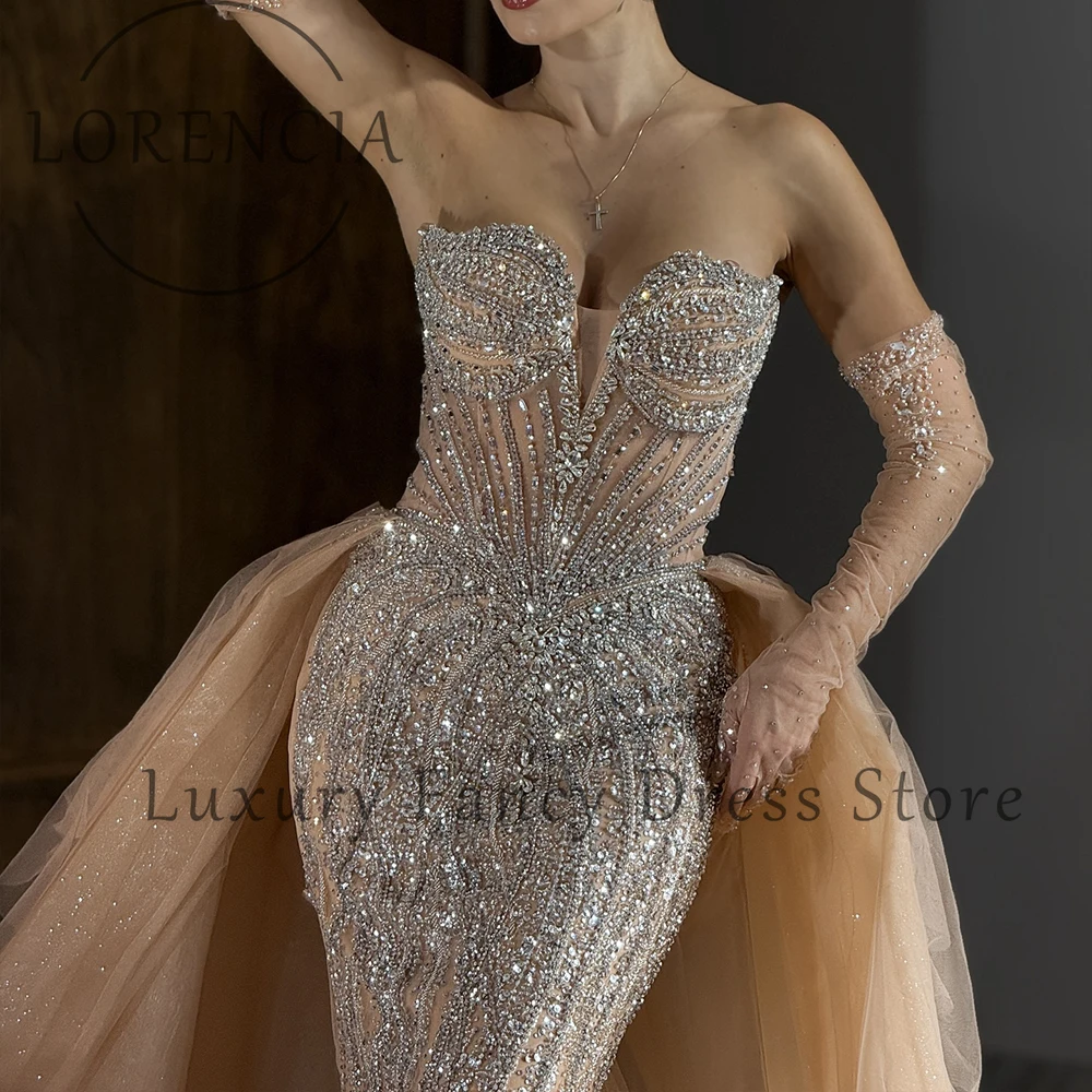 Luxuriöse glänzende Diamant-Abschlussballkleider für Frauen 2022, V-Ausschnitt, Meerjungfrau-Abend-Partykleid, maßgeschneidert, abnehmbarer Zug, Robe d' Byd Femme