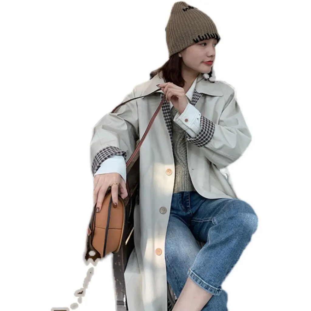 

Women's Long Windbreaker Autumn British Style Plaid Loose Over-The-Knee Jacket Korean Style Popular Drapery