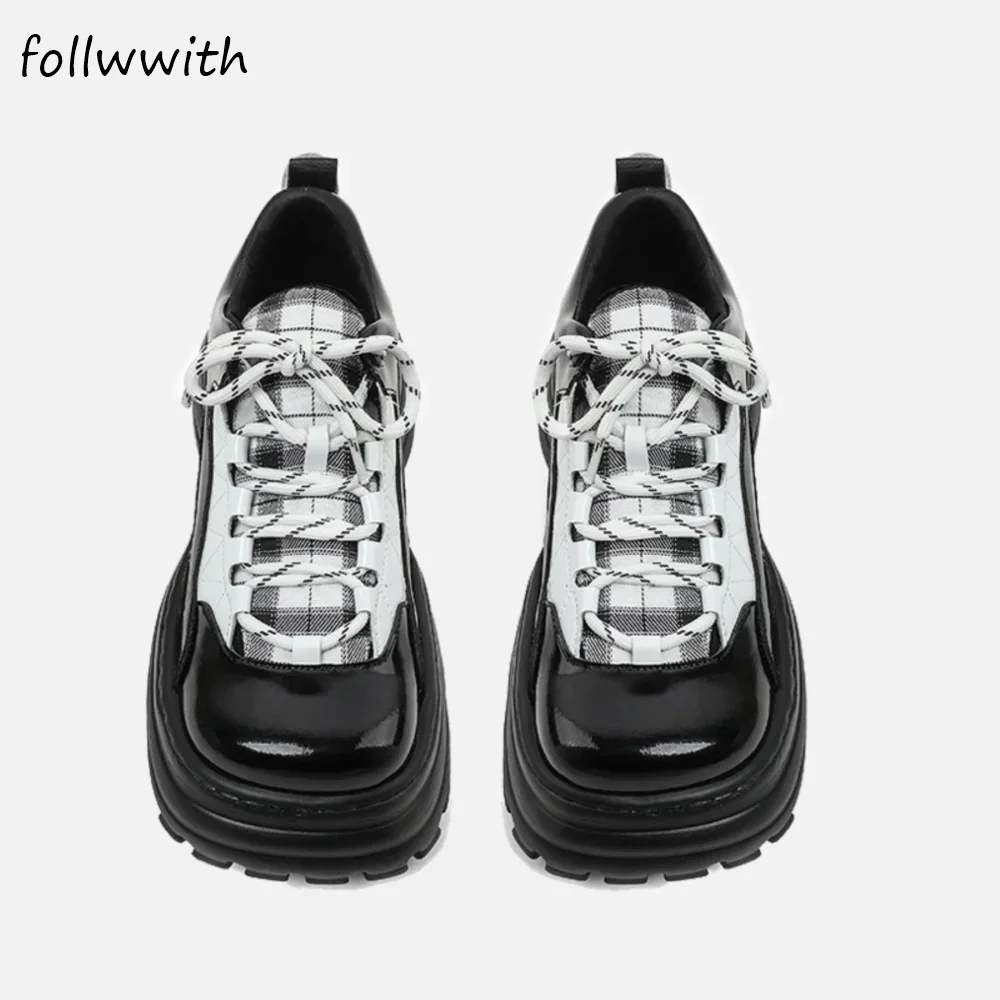 Black/White Mixed Colors Casual Shoes College Style  Women Square Toe Thick-soled Retro Shoes 2024 Autumn New Lace Up Shoes