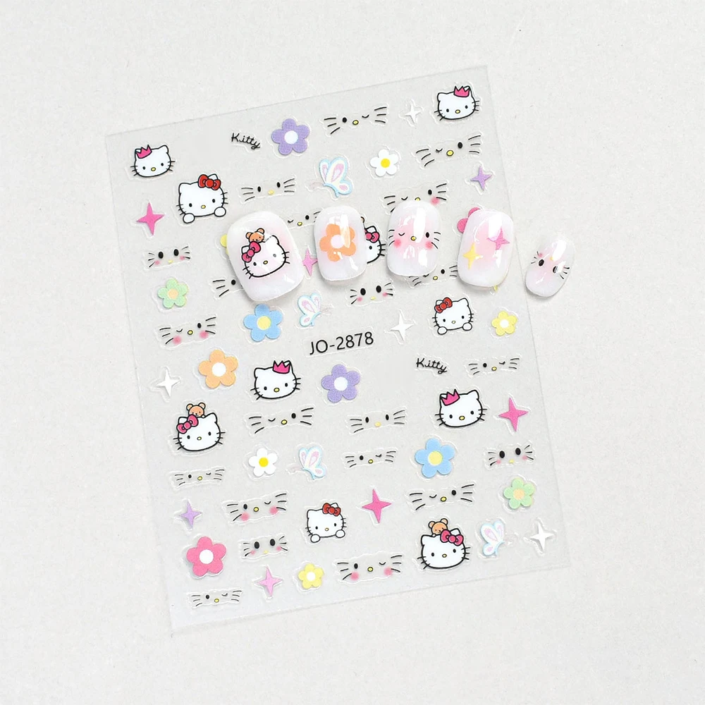 Autocollants pour ongles dessin animé 3D Hello Kitty, 1 pièce, Kawaii KT, nœud de chat, cœur, fleur, décalcomanies adhésives, visage de chat, fraises, curseurs de manucure