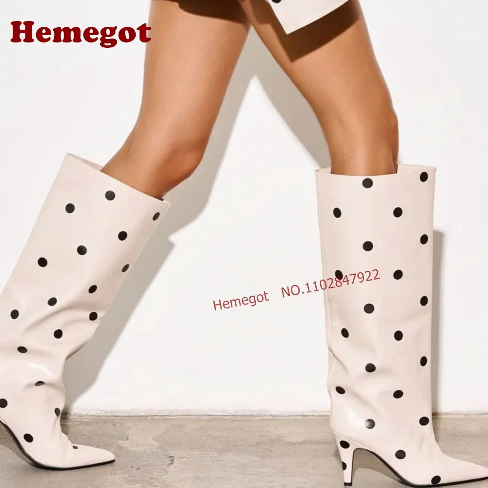 Beige Black Polka Dot Knee High Boots Women Pointed Toe Thin Stiletto Slip On Tall Boots Retro Dot Pattern Leather Booties Sexy