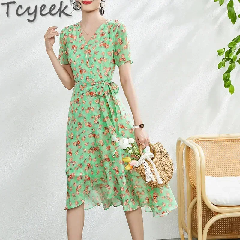 Chic Tcyeek and Elegant Woman French Style Midi es 100% Mulberry Real Silk Clothes Women Summer Floral Dress Vestido