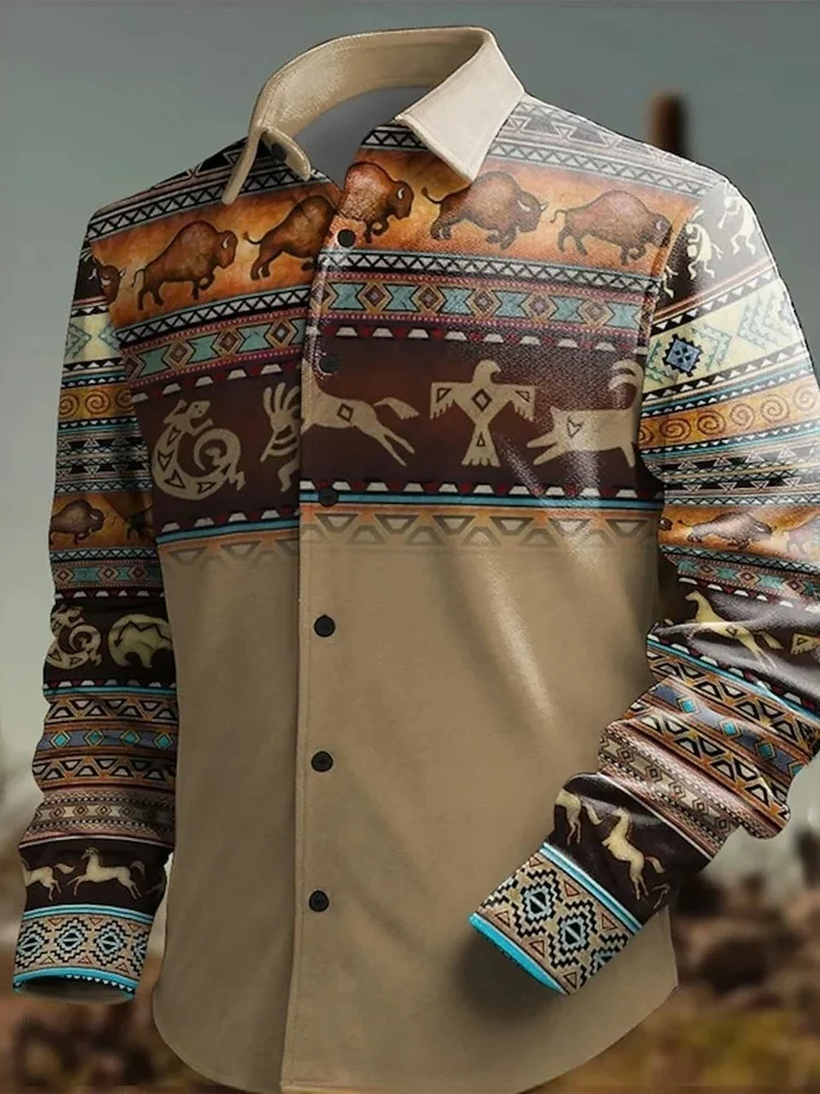 

Retro-style Tribal Print Men's Long-sleeved Shirt Outdoor Streetwear Fashionable Shirt Autumn-winter Daily Casual Men's Shirt