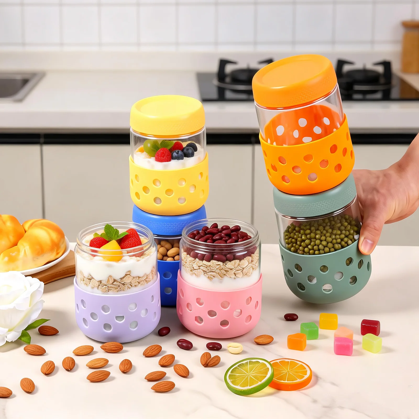2/4/6 Pack 16.9oz Overnight Oats Containers Cup with Lids and Silicone Sleeves Glass Mason Jars Food Storage Jars Wide Mouth Jar