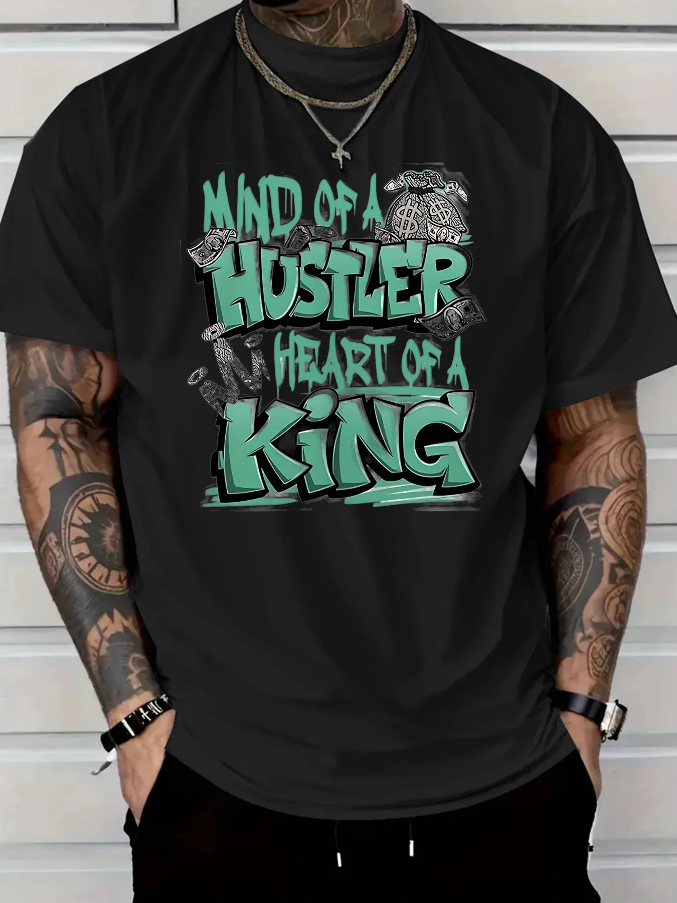 

2025 Men'S New Casual Pure Cotton T-shirt Mind of a Hustler Heart of a King Graphic Design Comfortable and Stylish Tee