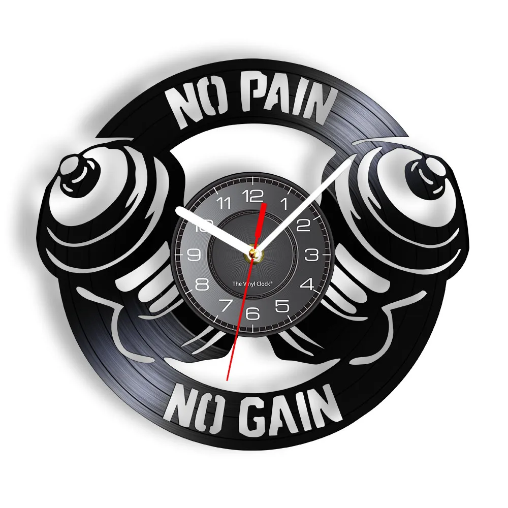 No Pain No Gain Vinyl Record Wall Clock Home Gym Decor Fitness Centre Sign Dumbbells Exclusive Work Out Silent Quartz Wall Clock