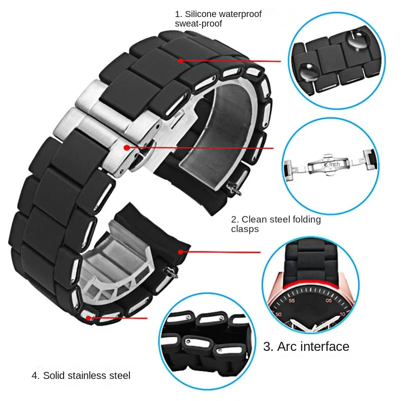 White black Silicone rubber clad steel watch band For Armani AR5905|5906|5920|5919|5859 women 20mm man 23mm Wrist strap Bracelet