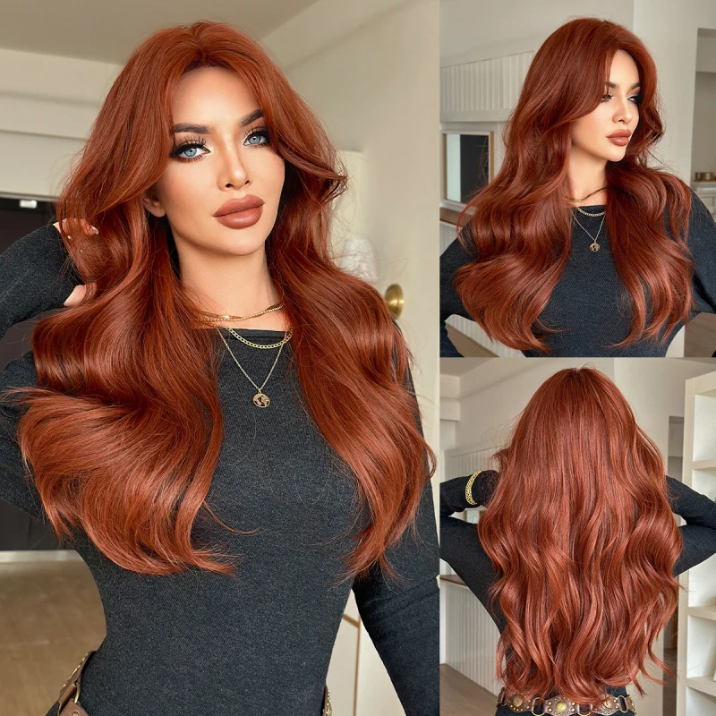 

Women's wig in orange-red color with long wavy bangs, full headpiece, voluminous and realistic for everyday wear
