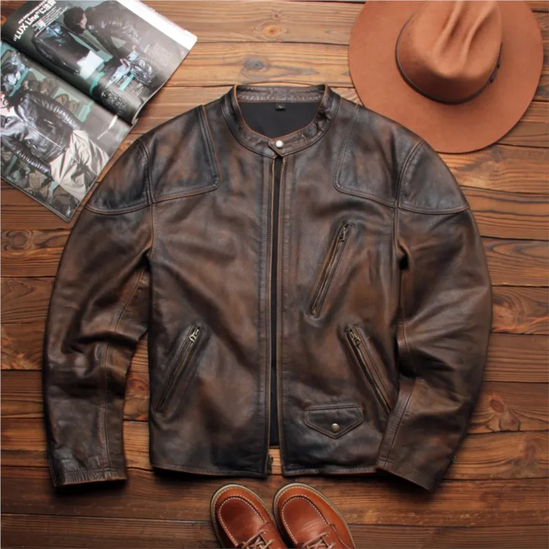 

A men's stand-up collar suit made of top-grain yellow tea core dyed cowhide leather It's style for men