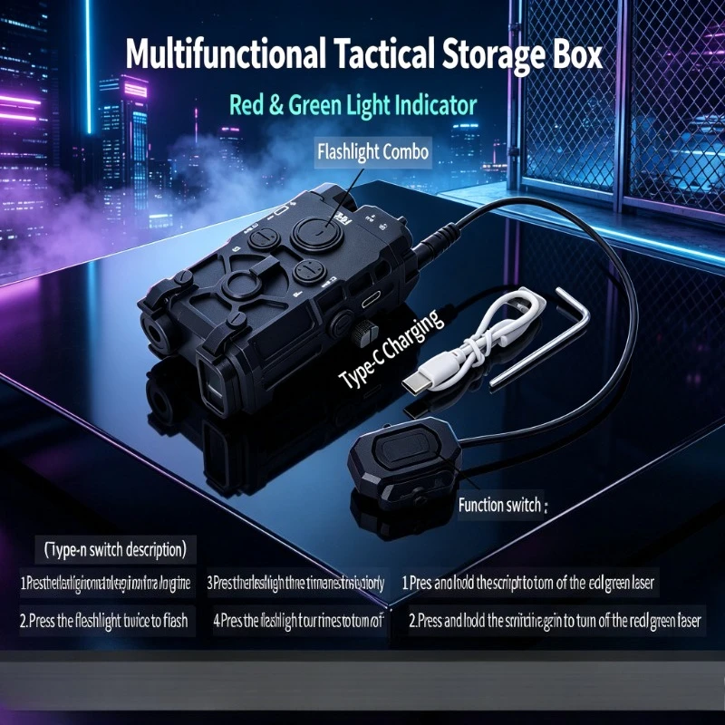 Multi‑Purpose Carry Storage Box Matching Red‑Green Light Flashlight Set For Field Hobby Organizing Use