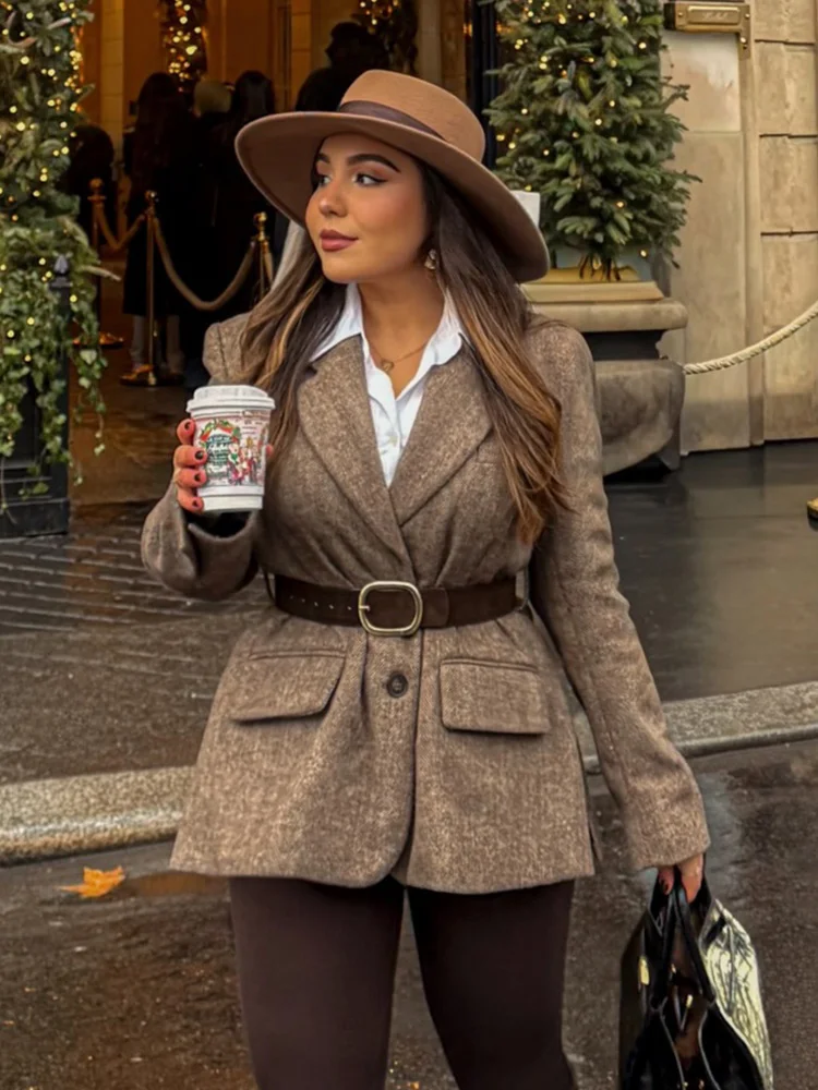 HH Women New Fashion Retro Crew Neck Solid Belted Blazer Coat Female Slim Elegant Office Versatile Streetwear Long Sleeve Jacket