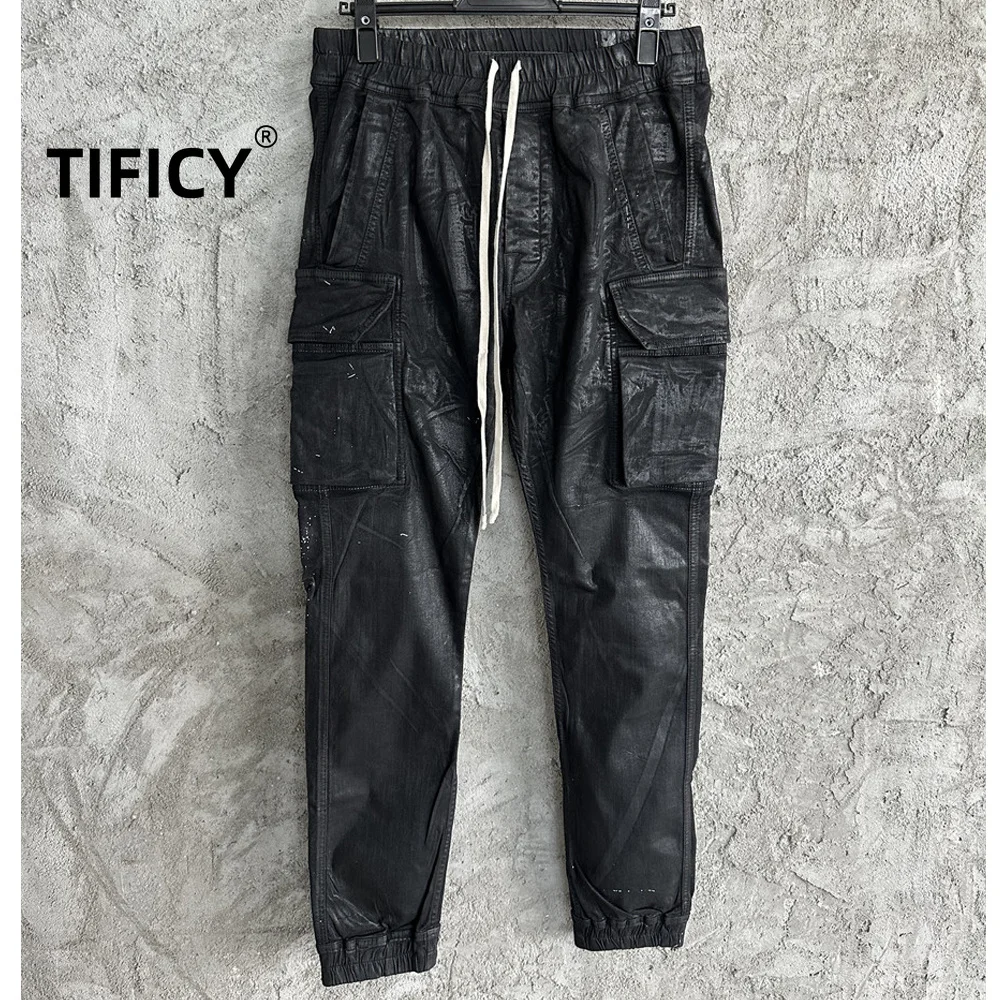 High Street RO Brushed Wax Coating Loose Jean Pant Men's Casual Pants Straight Leg Work Pants Washed Slim Fit Multi Pocket