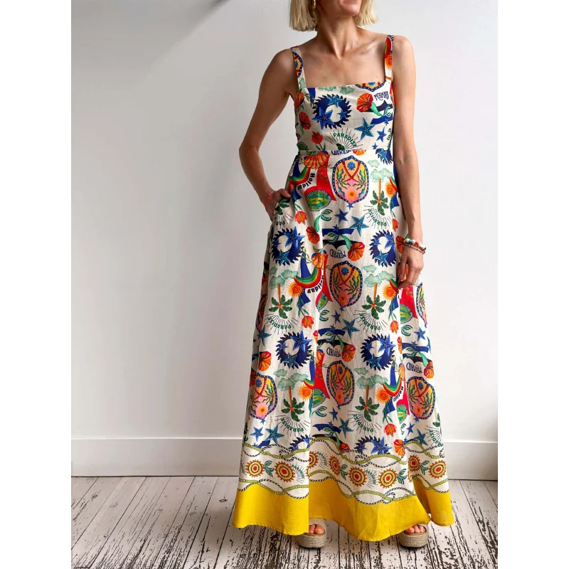 

2025 New Stylish and Fashionable Linen Printed Vest Dress with Large Swing for Women C001