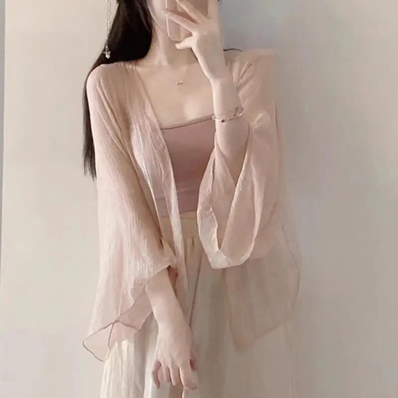 Women Summer New Chinese Style Elegant Loose Bright Silk Solid Color Sunscreen Chiffon Shirts Ladies Casual Long Sleeve Tops