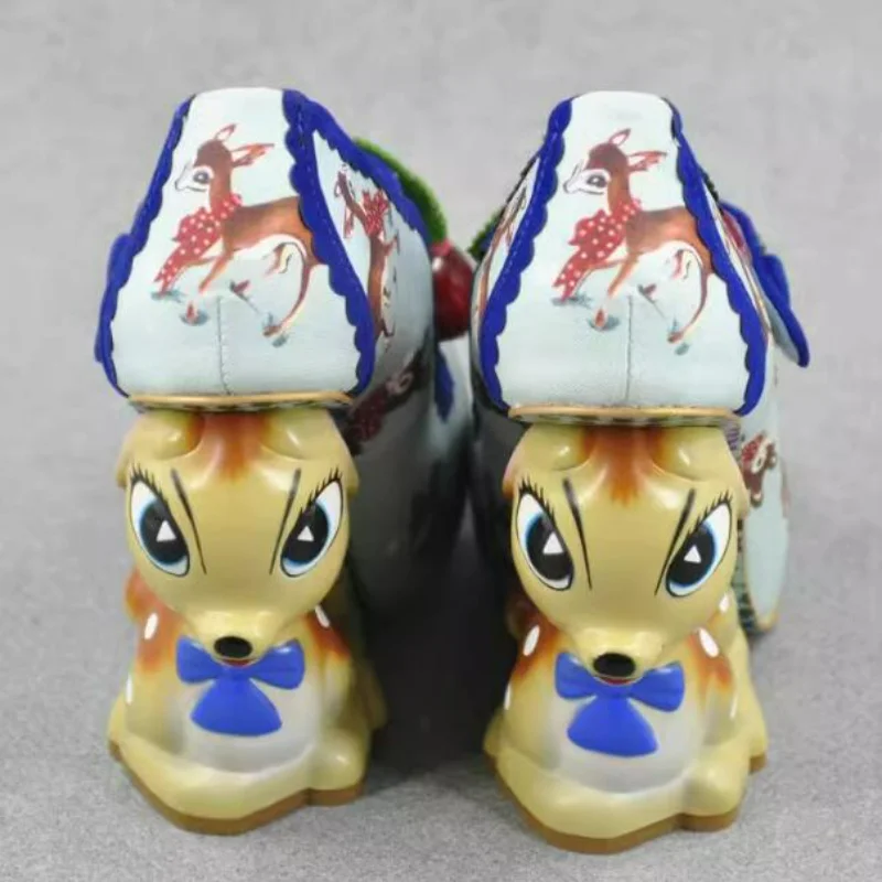 Cute Animal Fawn Strange Wedge Heel Pumps Red Cherry T-Strap Blue Pink Animal Modeling Abnormal Heels Wedding Shoes Woman