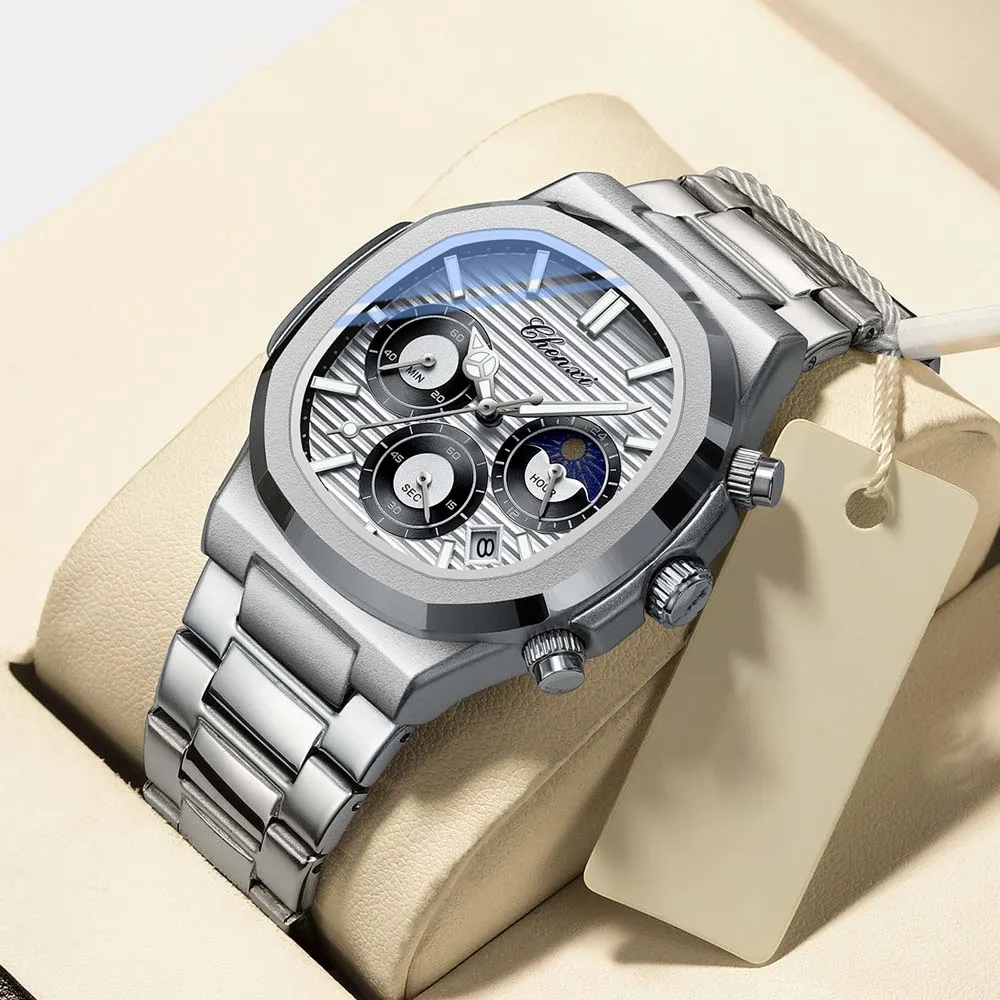 CHENXI Multifunctional Men's Watch True Three Sub-dials Six Hands Calendar Moon Phase Chronograph Octagonal Quartz Watch Reloj