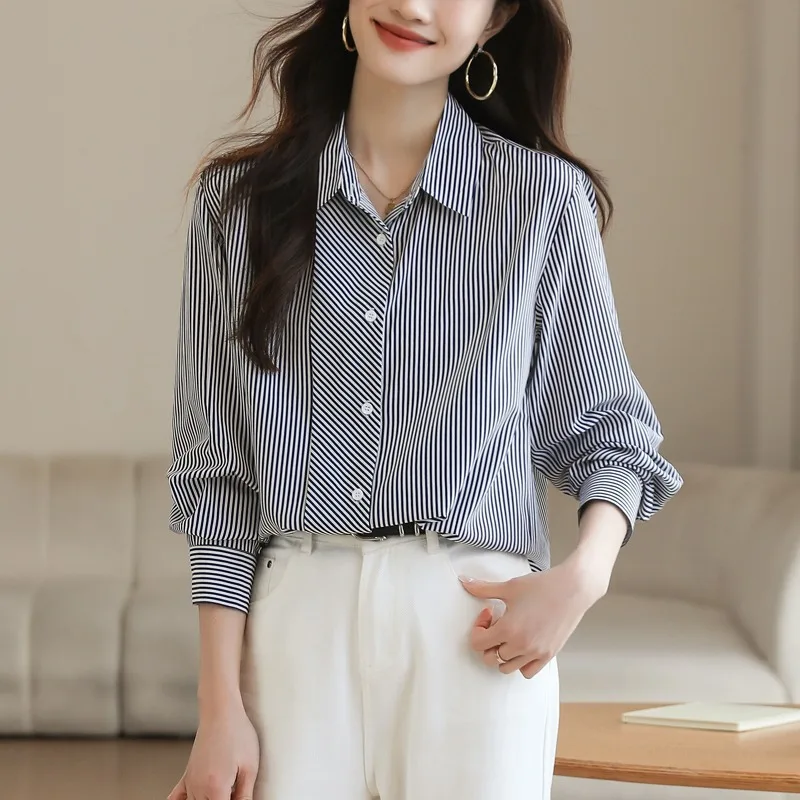 

Винтажные женские блузки, полосатые рубашки, модная свободная летняя корейская одежда, шифоновые женские топы с длинными рукавами