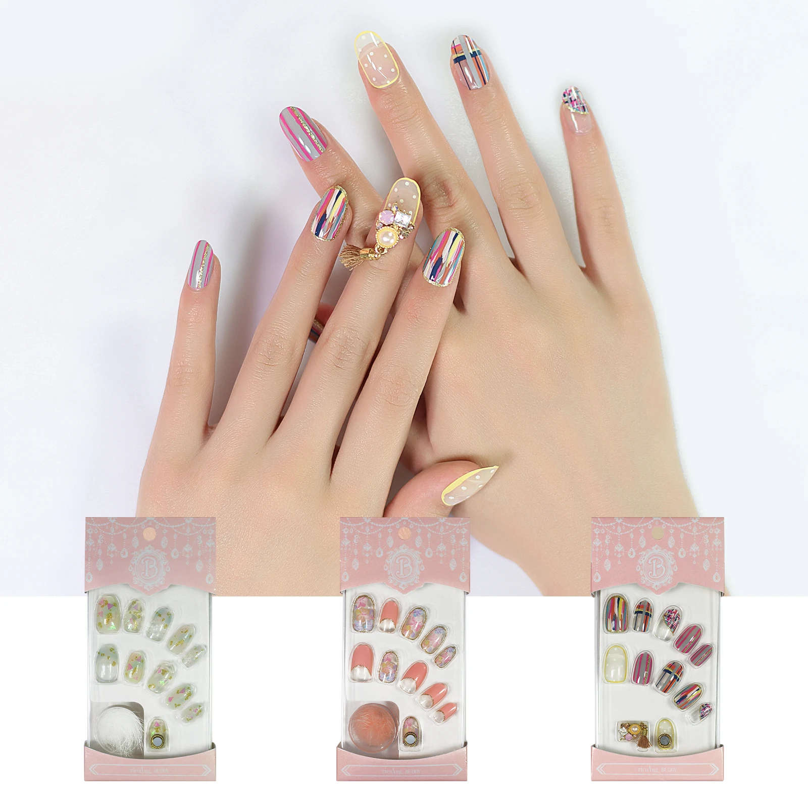 Press On Fake Nails Bundel Selling 3Set Free Shipping With Box Furry Jewelry Short Almond Fingernails Adhesive Already  Magnet