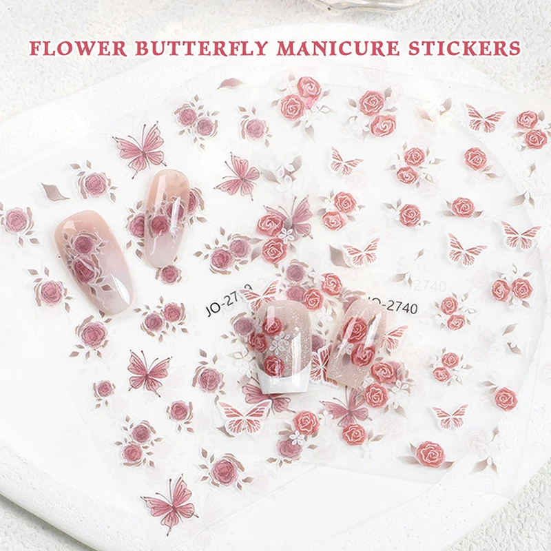 

1 Sheet Rose Flower Butterfly Nail Stickers Self-Adhesive Embossed Nail Art Decals For Girls Summer Decoration Sticker