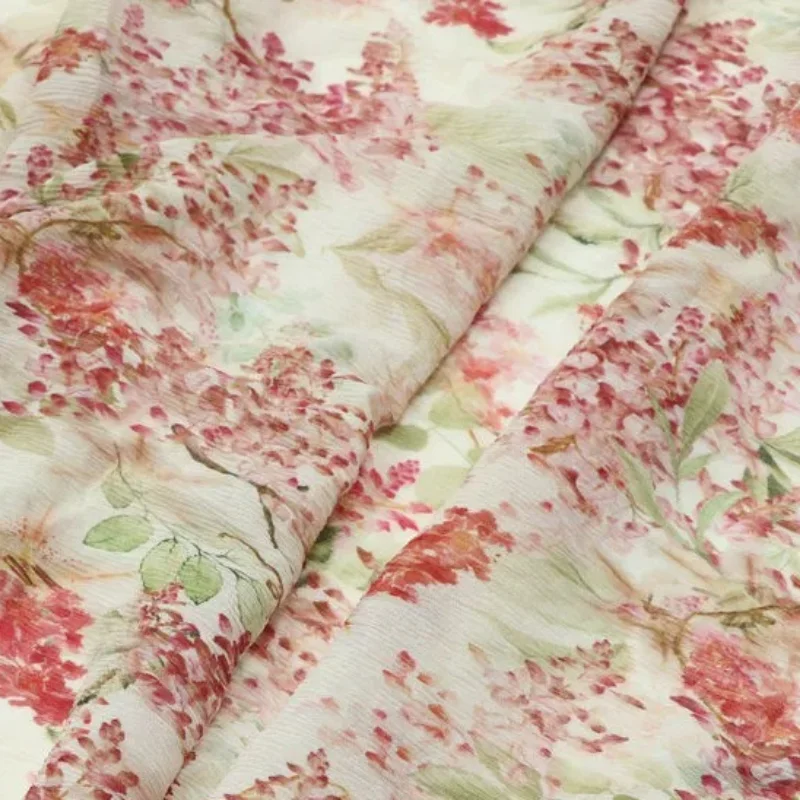 

1meter Red Floral Accordion Pleated Chiffon Fabric Resort Vacation Dress Cardigan Summer Elegant Fashion DIY Home Craft Material