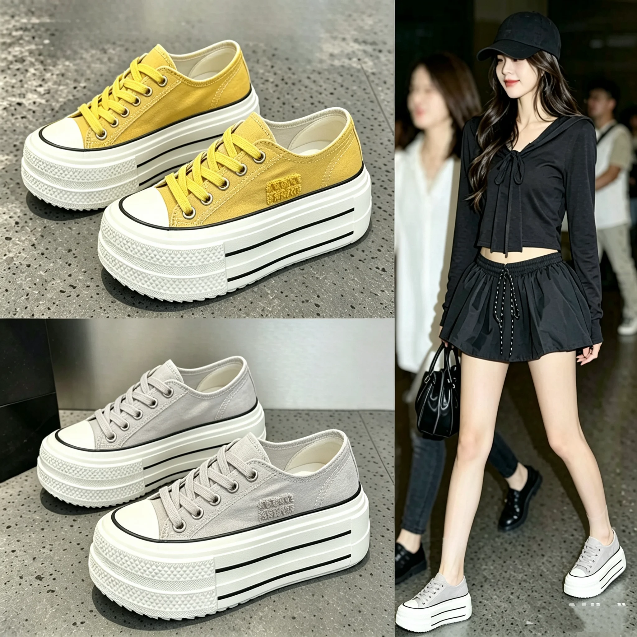Women's Thick Bottom Canvas Shoes Breathable Casual Cross Buckle Korean Style round Toe Low Top Student Friendly Heightening ...
