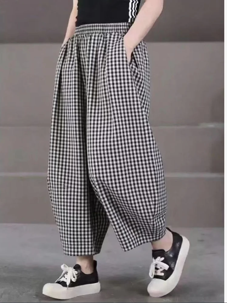 Retro Lazy Plaid Wide Leg Pants Women's Nine Points Casual Loose Dad Pants Black White Elastic Waist Cotton Skinnypants