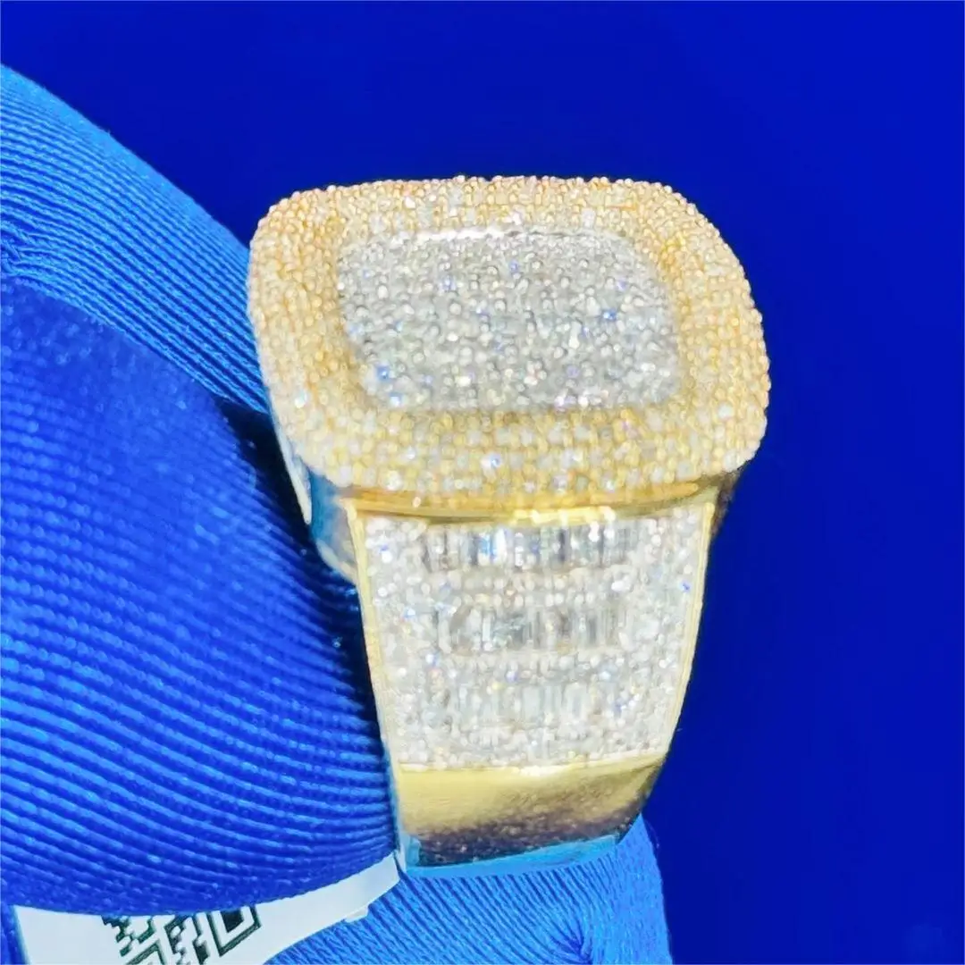 Iced Out Rapper Baguette Diamond Ring Hip Hop Yellow Gold Color Solid 925 Silver Vvs Moissanite Ring