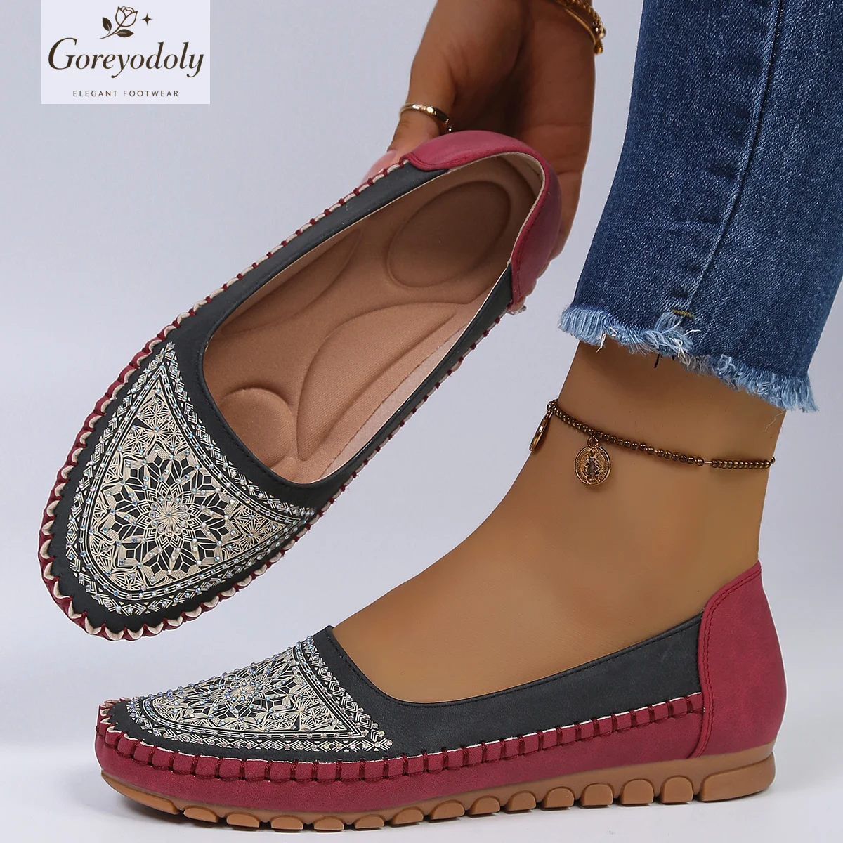 goreyodoly Women Slip On Loafers Wide Fit Comfortable Flats Lightweight Breathable Colorblock Shoes Embroidery Rhinestone Detail