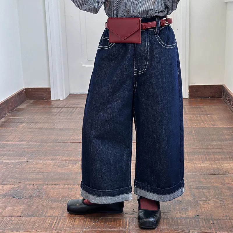 Korean Autumn Children Pants for Girls Casual Loose Versatile Slightly Elastic Fashionable Rolled Edge Straight Leg Jeans