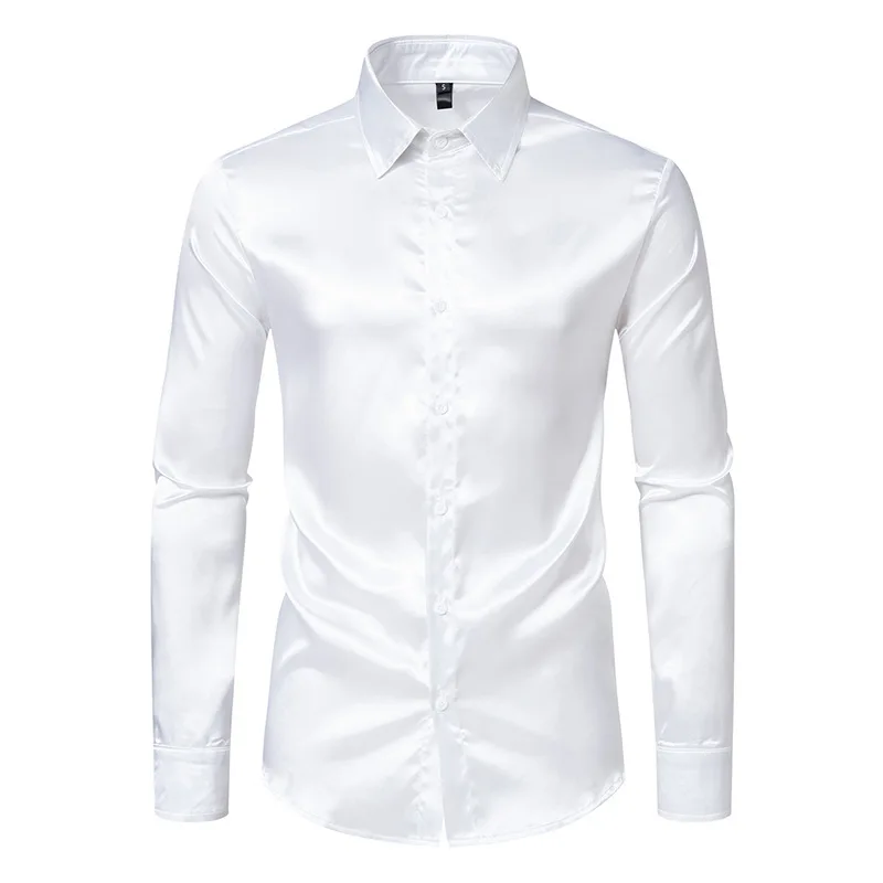 Spring and Autumn New Men's Satin Nightclub Solid Color Long Sleeve Shirt C30 Men Clothing  Shirt for Men