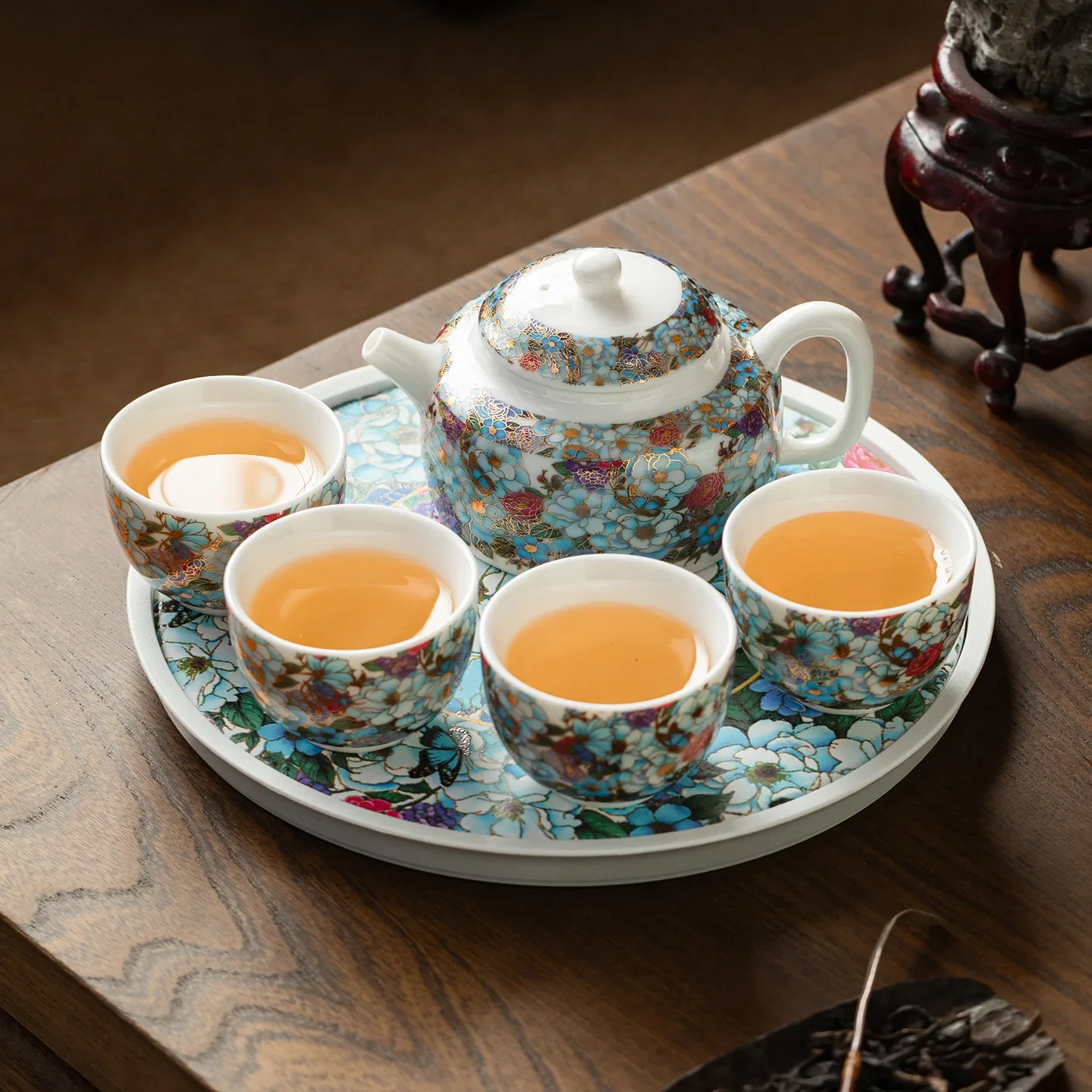 Enamel Butterfly Love Flower Tea Set One Pot Four Cups Colorful Gift Luxury Set Ceramic Kung Fu  Set Outdoor  Bowl Cup