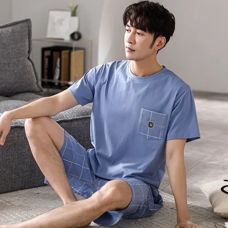 Пижамы, пижамные штаны, хлопковые короткие свободные домашние комплекты с рукавами для отдыха, мужские и мужские пижамы с эластичной резинкой на талии, летняя одежда