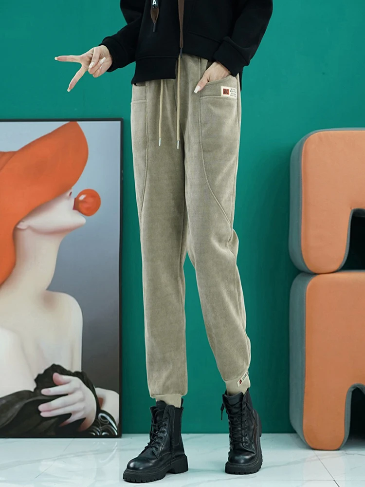 High Waist Corduroy Harlan Pants Women's Autumn Winter Thickened Fleece Lined Cuffed Casual Sports Pants Loose Fit