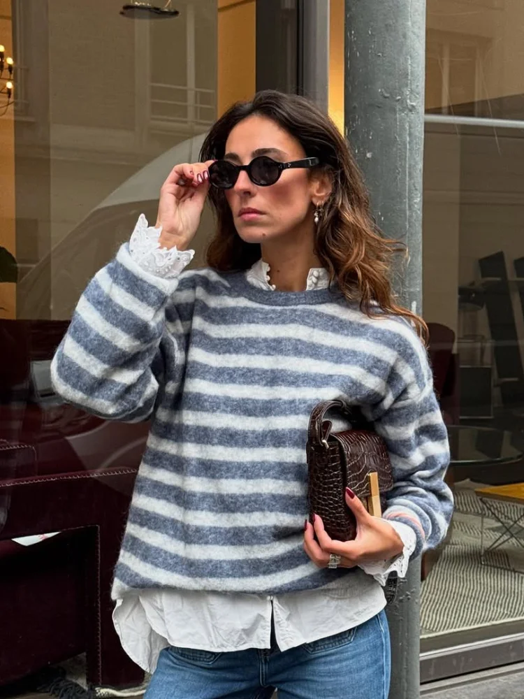 

Повседневный полосатый вязаный пуловер, женский свободный теплый короткий свитер с круглым вырезом и длинными рукавами, женский осенний свитер 202, уличные свитера для поездок на работу