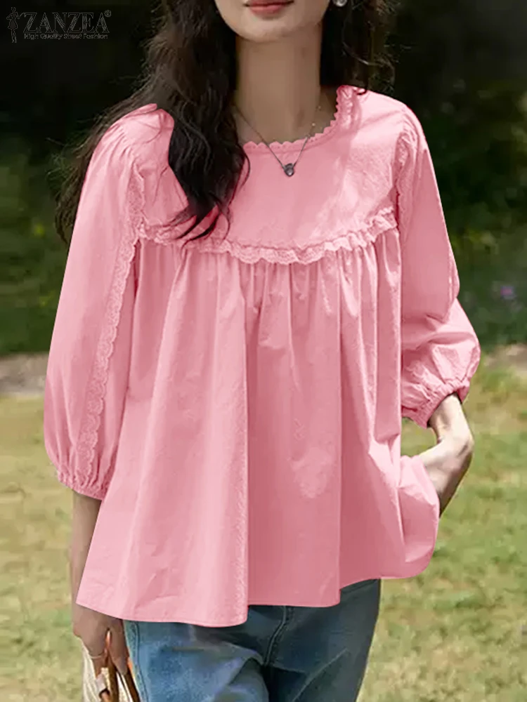 ZANZEA Puff Sleeve O Neck Blouses Lace Panels Women 2024 Fall Loose Casual Smock Tops Solid Elegant Korean Style Blusas Mujer