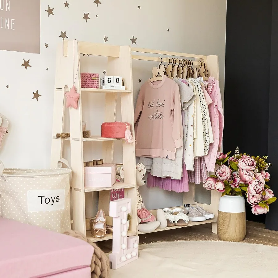 خزانة ملابس - رف ملابس خشبي مع رف عرض حاجز معلق لـ - خزانة مفتوحة لأثاث الملابس بنفسك لسهولة التجميع