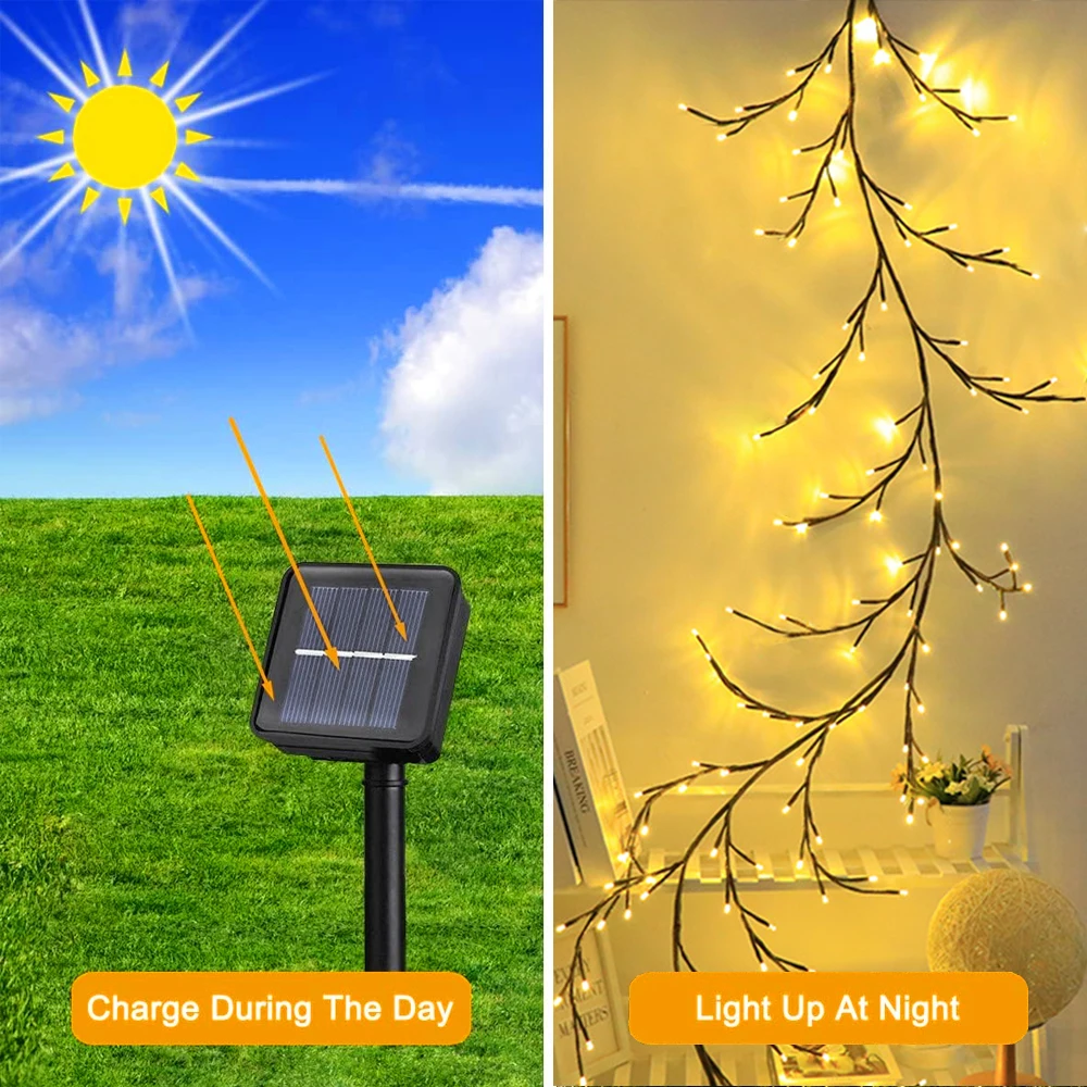 1PCS 96LED Tree and Vine Lamp USB/Solar Powered 8 Modes DIY Festive Tree Branch Lamp for Christmas Party Home Decorative Lights