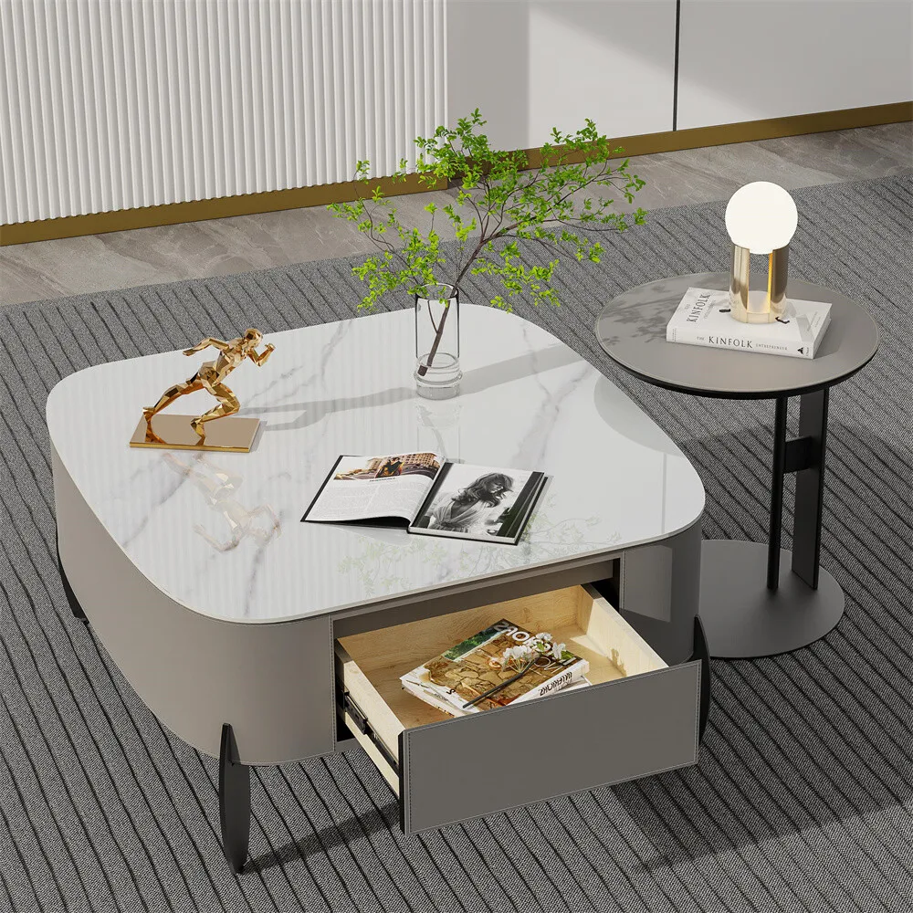 

Large Living Room Center Coffee Table w Drawers C-Shaped Sofa Bed Side End Table