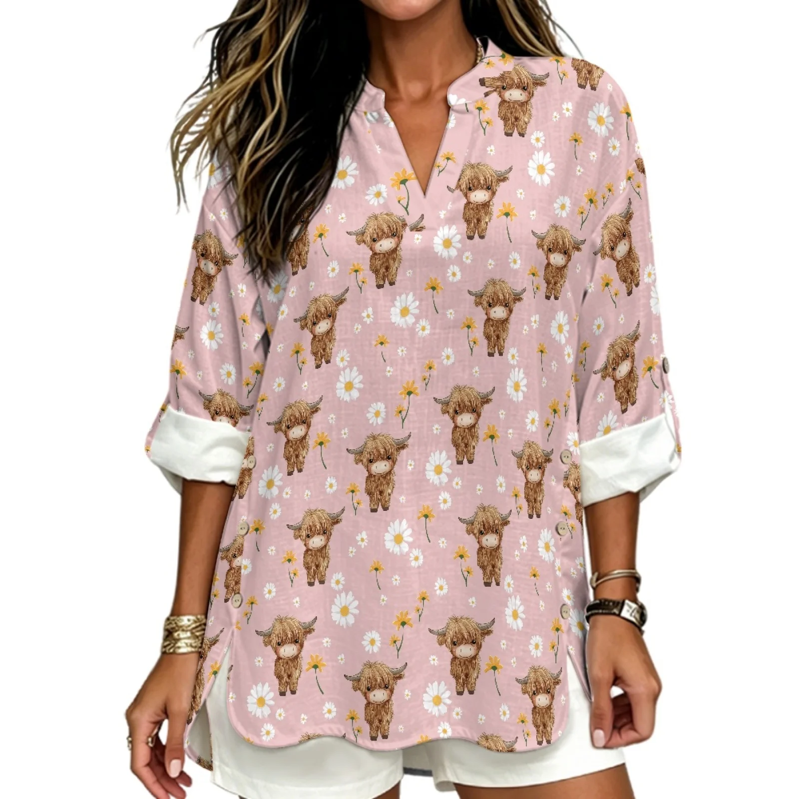 PENSTROLL Highland Cow Daisy Linen Style Tunic Blouse Flowy Hem Tunic Tops for Women for Everyday Wear Sizes S-5XL