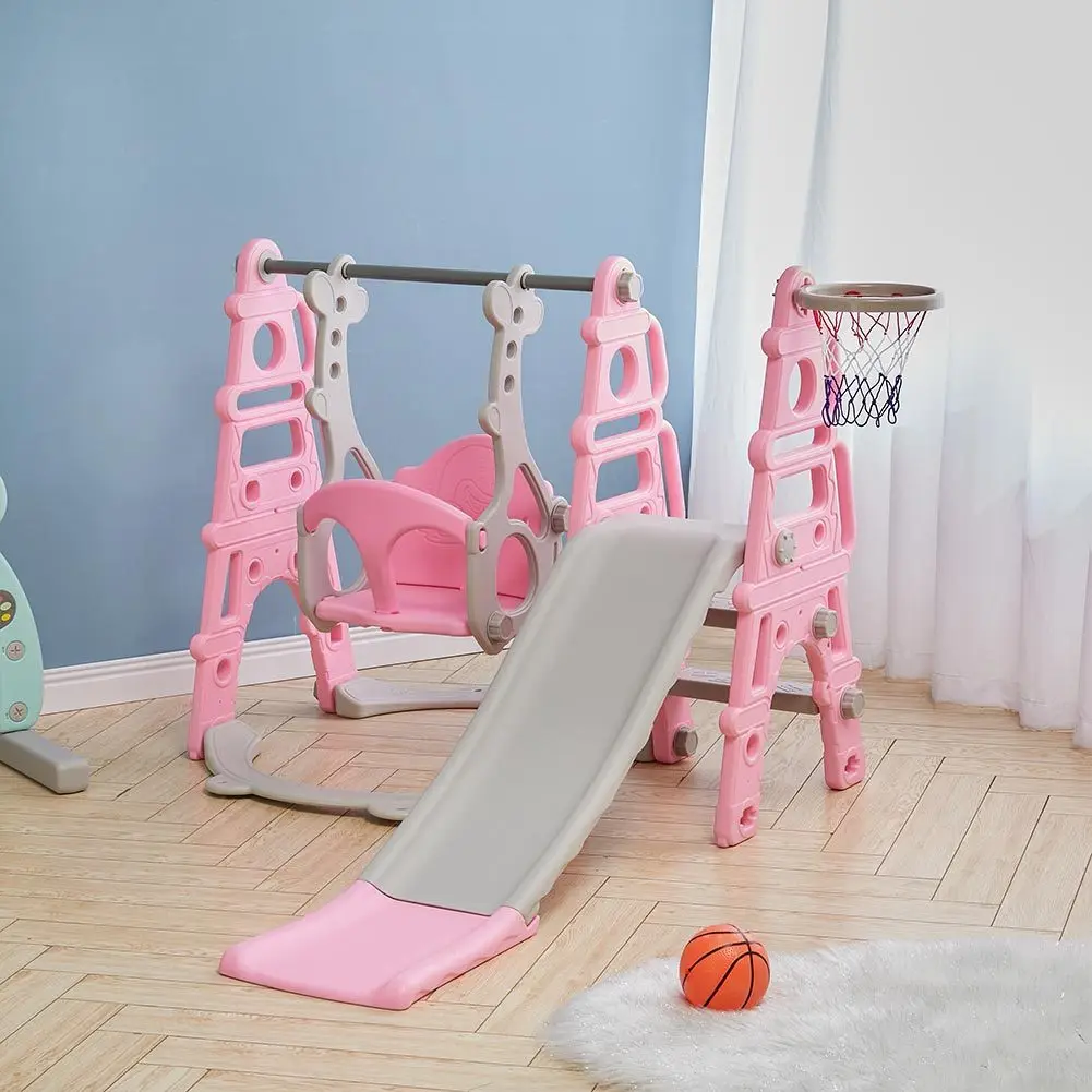 Kids Swing Slide and Basketball Hoop 3 in 1 Play Game Center,Pink