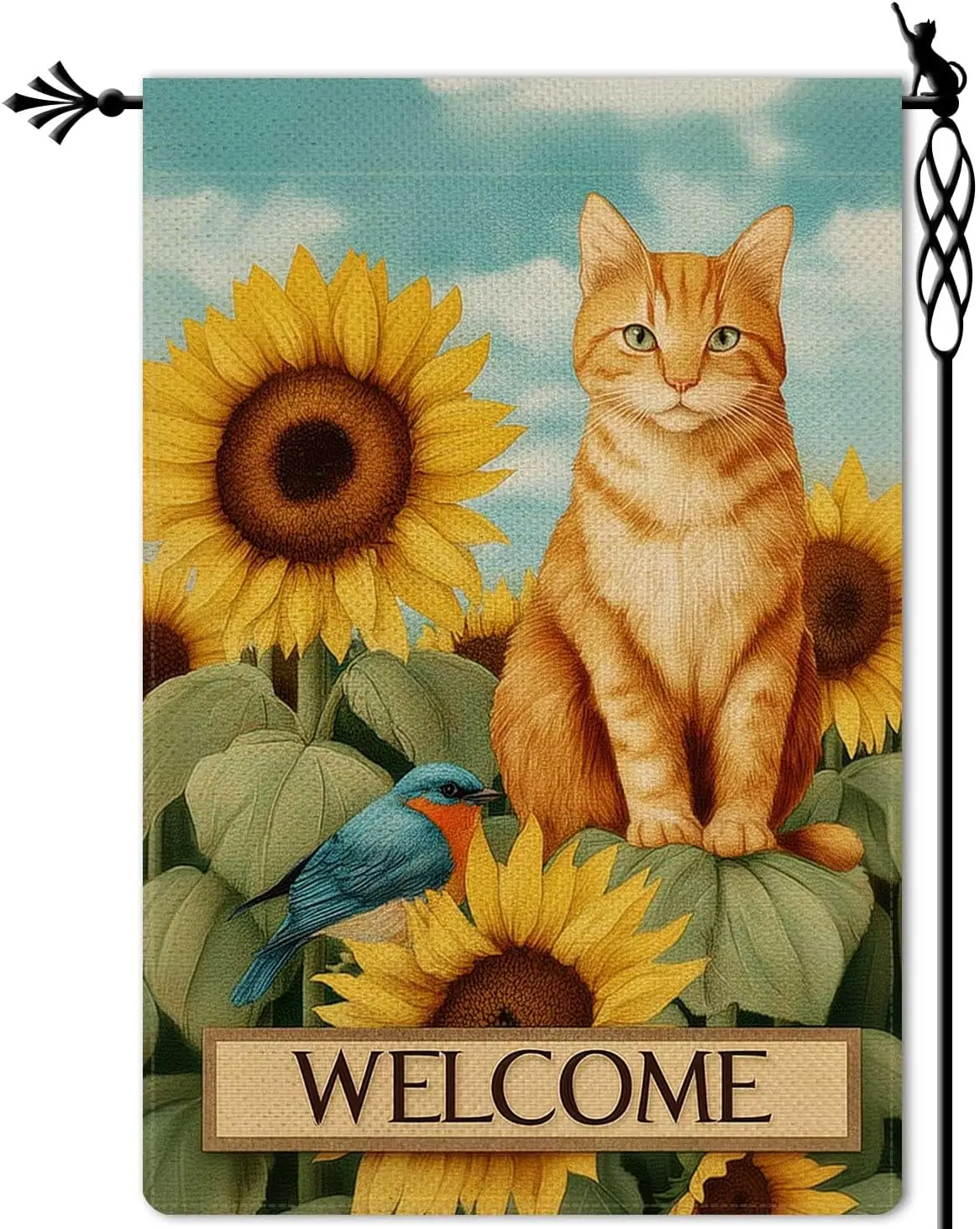 Welcome Fall Garden Flag Autumn Cute Cat Garden Flag Sunflowers Small Bird Vertical Double Sided Rustic Farmland Burlap Yard SSL