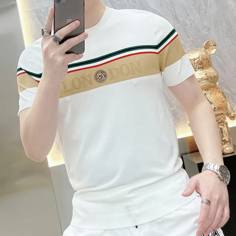 Summer Stitching T Shirt Men Breathable Hot Drill Short Sleeve T-Shirt Social Club Outfits O-neck Top Tee Streetwear Tee Shirt